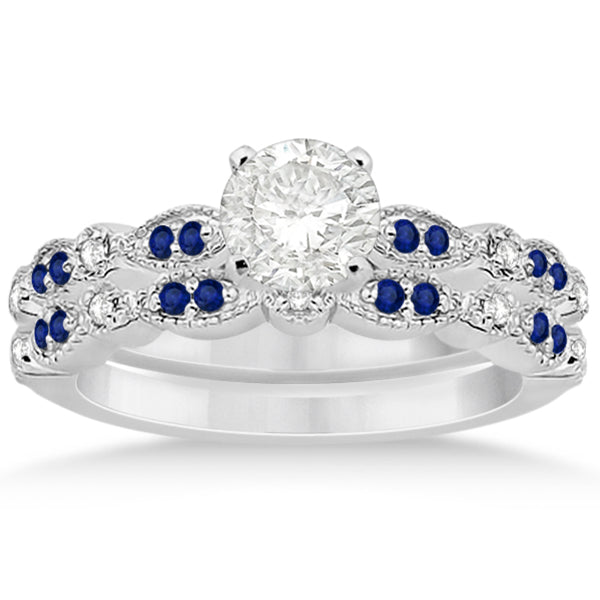 Blue Sapphire & Diamond Marquise Bridal Set 14k White Gold (0.49ct)