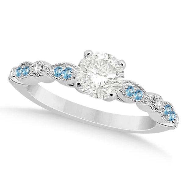 Marquise & Dot Blue Topaz Diamond Engagement Ring 14k White Gold 0.24