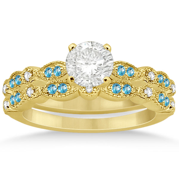 Marquise & Dot Blue Topaz & Diamond Bridal Set 14k Yellow Gold 0.49ct