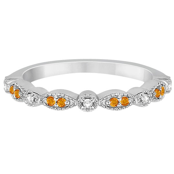 Marquise & Dot Citrine & Diamond Wedding Band 14k White Gold 0.25ct