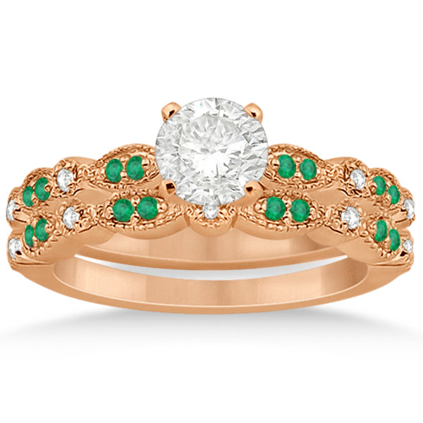 Petite Emerald & Diamond Marquise Bridal Set 14k Rose Gold (0.41ct)
