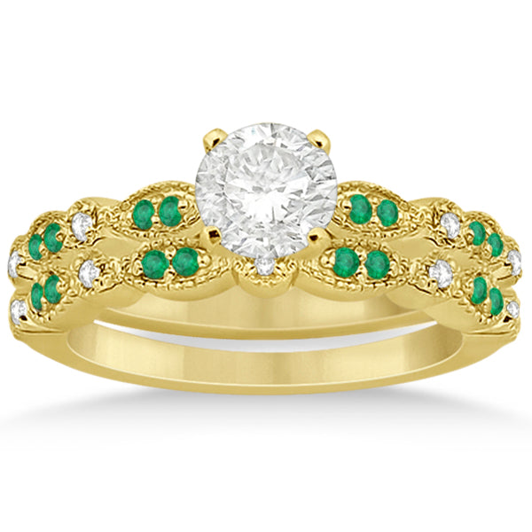 Petite Emerald & Diamond Marquise Bridal Set 18k Yellow Gold (0.41ct)