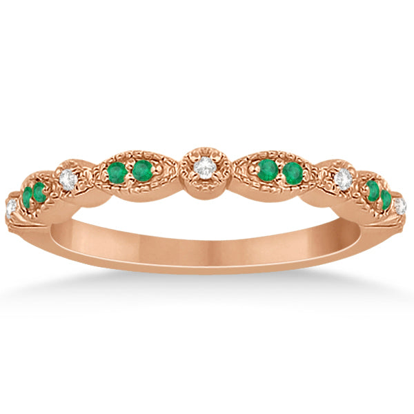 Petite Emerald & Diamond Marquise Wedding Band 14k Rose Gold 0.21ct
