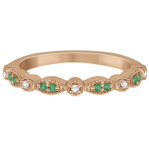 Petite Emerald & Diamond Marquise Wedding Band 14k Rose Gold 0.21ct