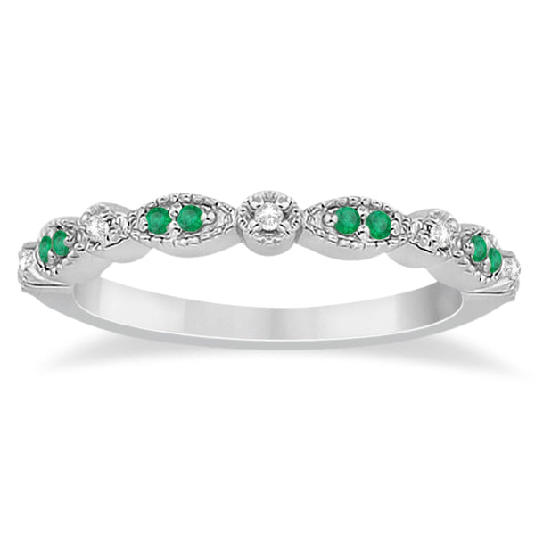 Petite Emerald & Diamond Marquise Wedding Band 14k White Gold 0.21ct