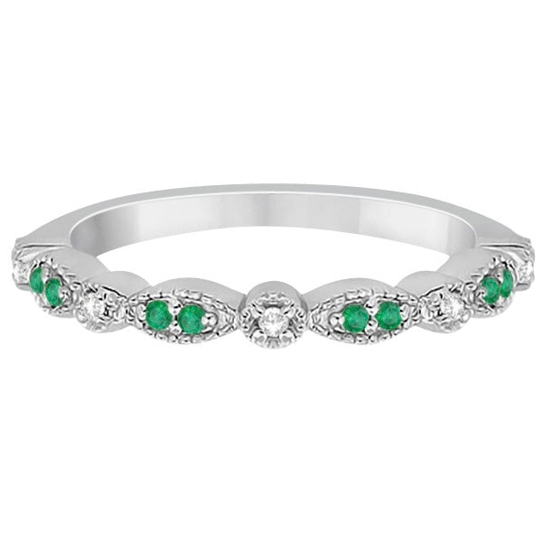 Petite Emerald & Diamond Marquise Wedding Band 14k White Gold 0.21ct