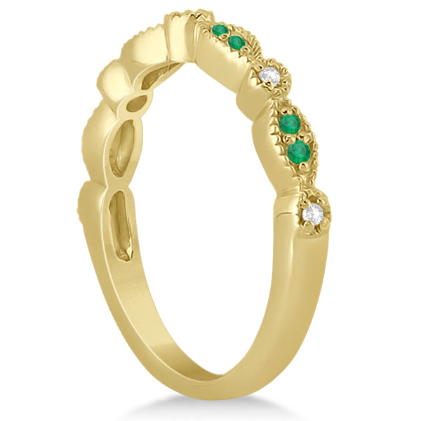 Petite Emerald & Diamond Marquise Wedding Band 14k Yellow Gold 0.21ct