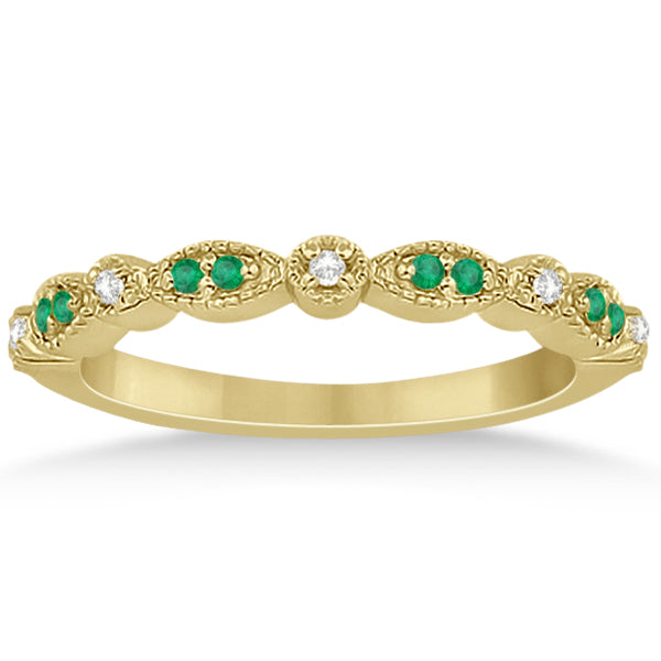 Petite Emerald & Diamond Marquise Wedding Band 14k Yellow Gold 0.21ct