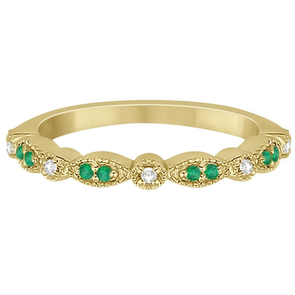 Petite Emerald & Diamond Marquise Wedding Band 14k Yellow Gold 0.21ct