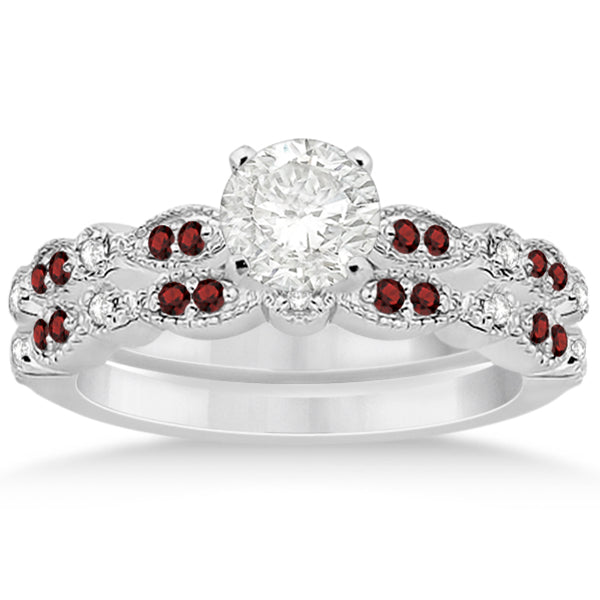Marquise and Dot Garnet & Diamond Bridal Set 14k White Gold (0.49ct)