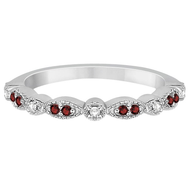 Marquise and Dot Garnet & Diamond Wedding Band 14k White Gold 0.25ct