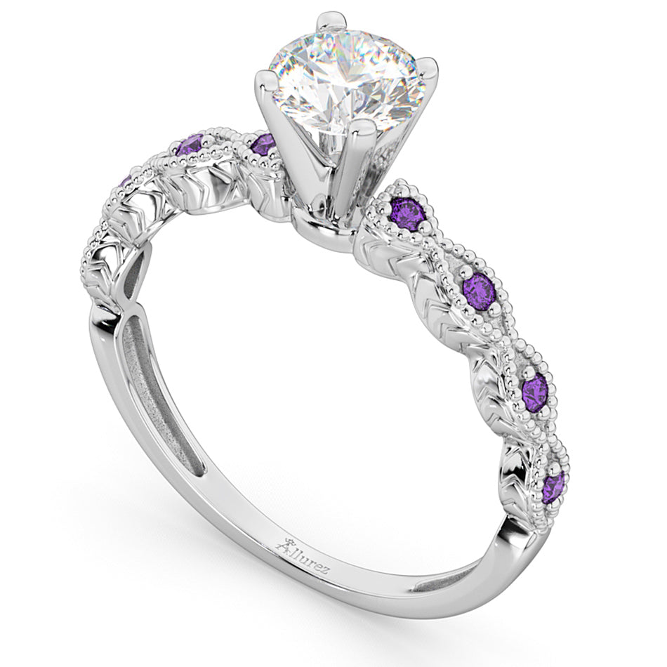 Vintage Diamond & Amethyst Engagement Ring 14k White Gold 0.50ct
