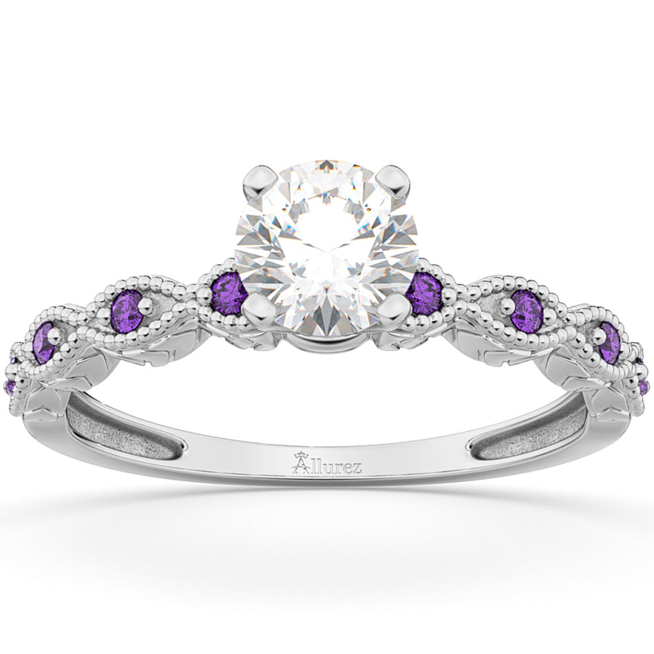 Vintage Lab Diamond & Amethyst Engagement Ring 14k White Gold 1.50ct