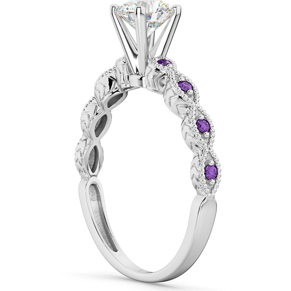 Vintage Lab Grown Diamond & Amethyst Engagement Ring 18k White Gold 0.50ct