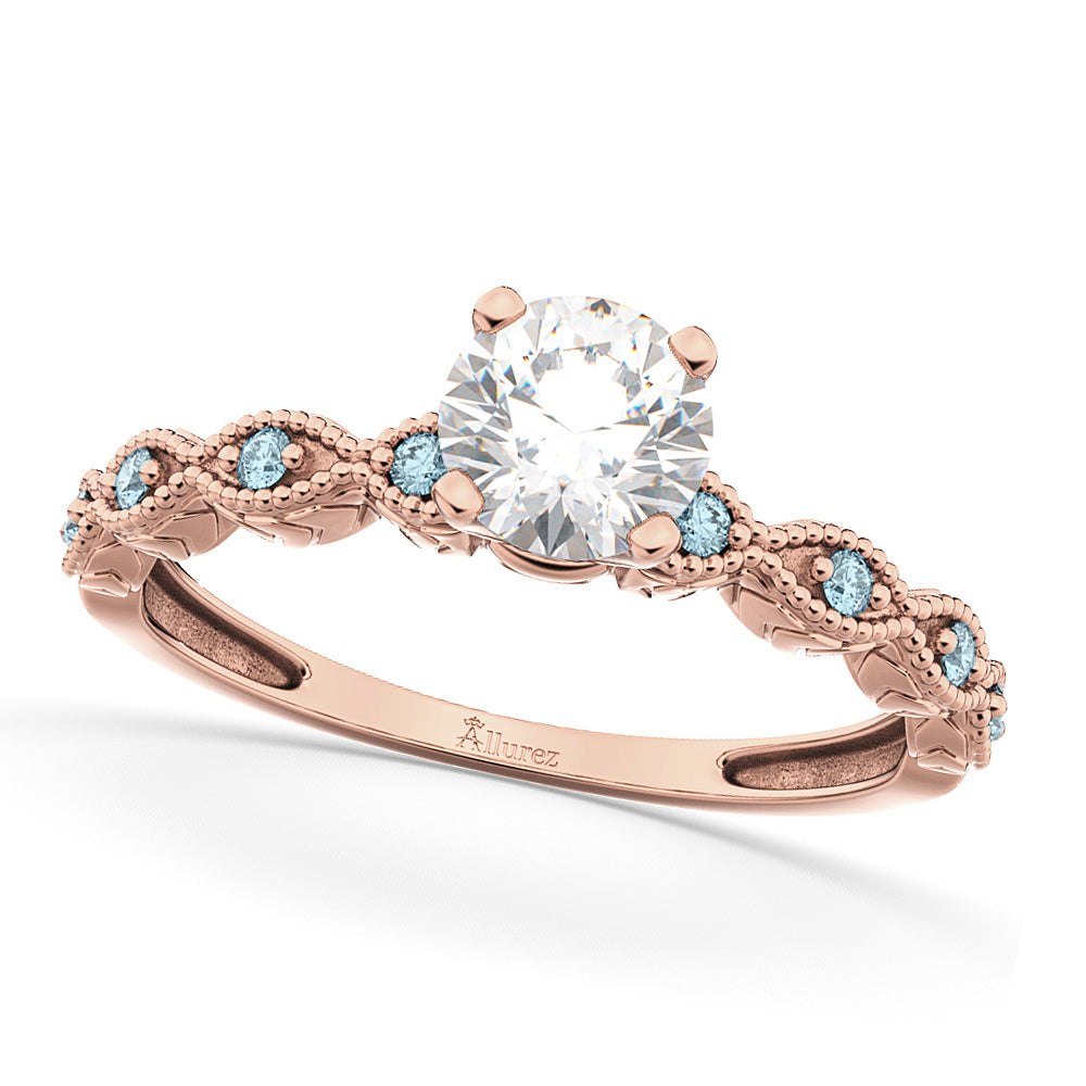 Vintage Lab Diamond & Aquamarine Engagement Ring 14k Rose Gold 0.75ct