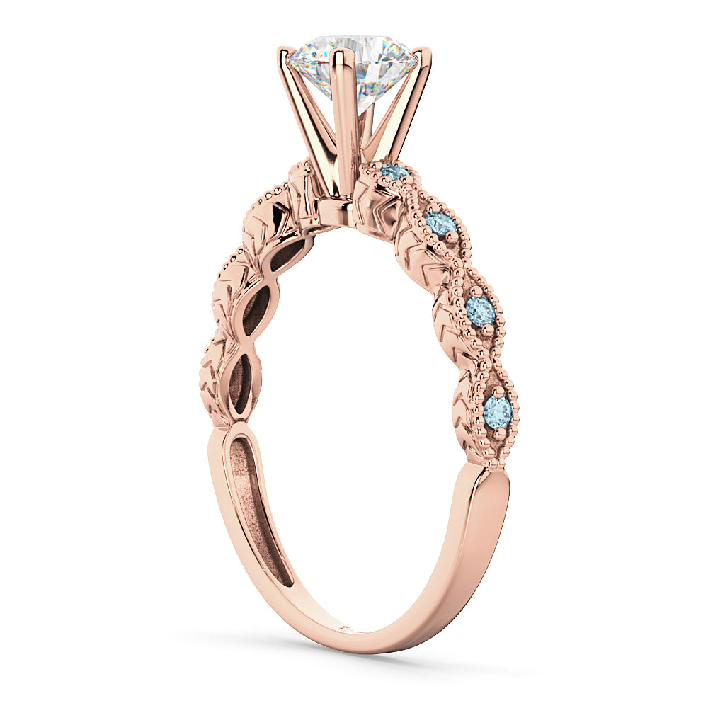 Vintage Lab Diamond & Aquamarine Engagement Ring 14k Rose Gold 0.75ct
