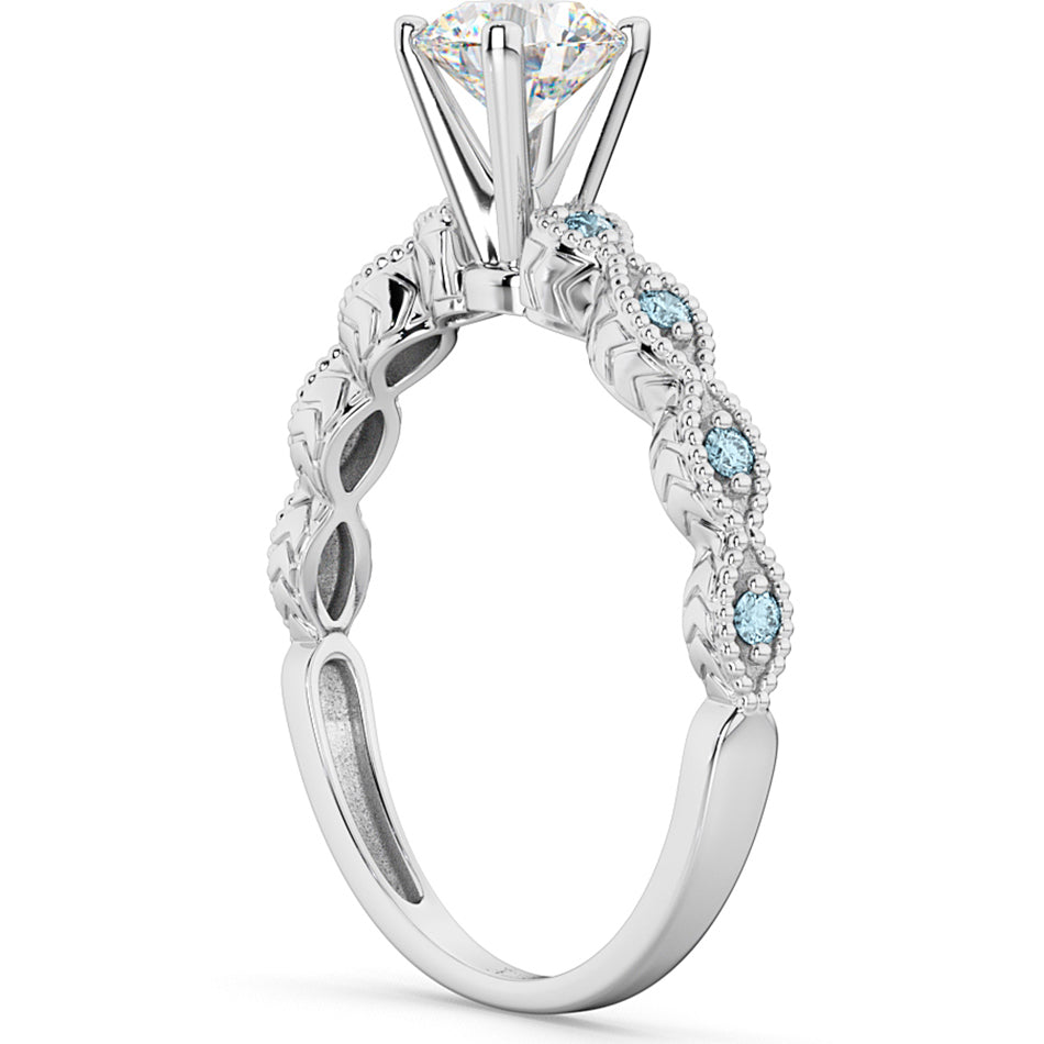Vintage Lab Diamond & Aquamarine Engagement Ring 14k White Gold 1.50ct