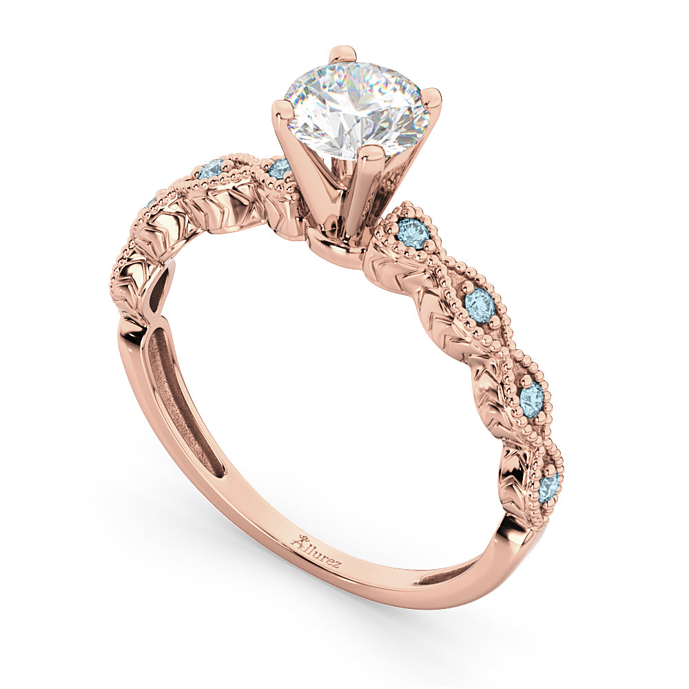 Vintage Lab Diamond & Aquamarine Engagement Ring 18k Rose Gold 0.75ct