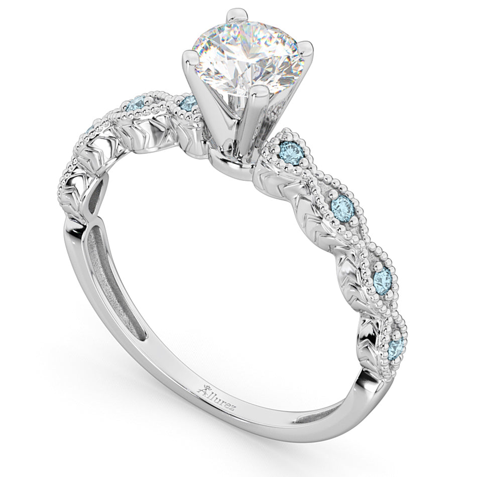 Vintage Lab Diamond & Aquamarine Engagement Ring Platinum 0.75ct