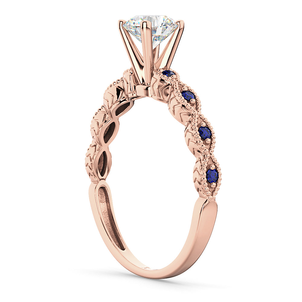 Vintage Lab Diamond & Blue Sapphire Engagement Ring 14k Rose Gold 1.50ct