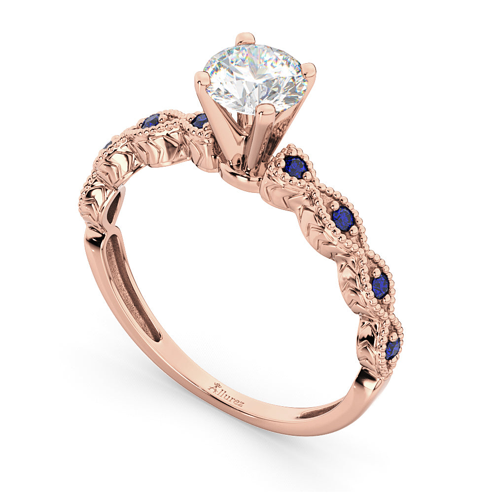 Vintage Lab Diamond & Blue Sapphire Engagement Ring 14k Rose Gold 1.50ct