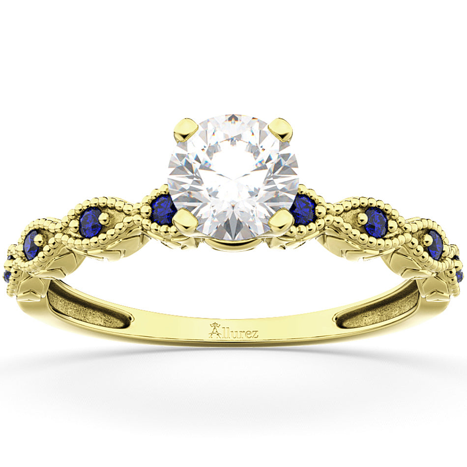 Vintage Lab Diamond & Blue Sapphire Engagement Ring 14k Yellow Gold 0.50ct