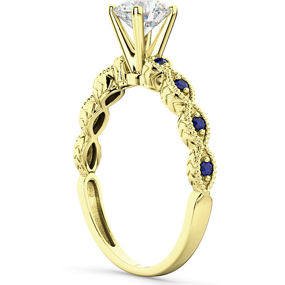 Vintage Lab Diamond & Blue Sapphire Engagement Ring 14k Yellow Gold 0.50ct