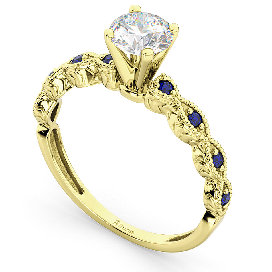 Vintage Lab Diamond & Blue Sapphire Engagement Ring 14k Yellow Gold 0.50ct