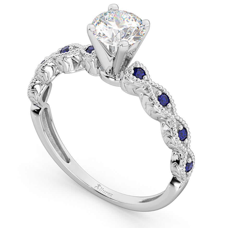 Vintage Lab Diamond & Blue Sapphire Engagement Ring 18k White Gold 0.50ct