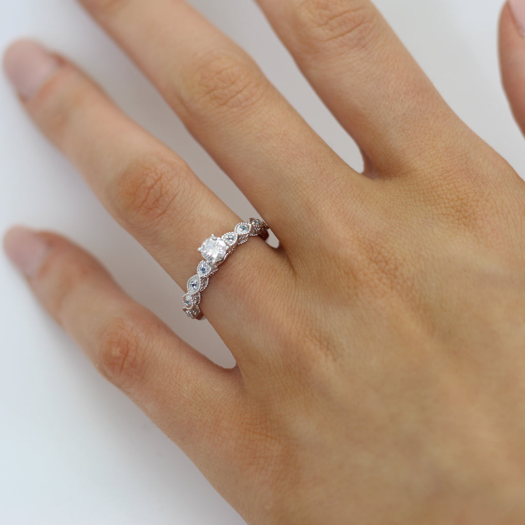 Vintage Lab Diamond & Blue Topaz Engagement Ring 14k White Gold 1.50ct
