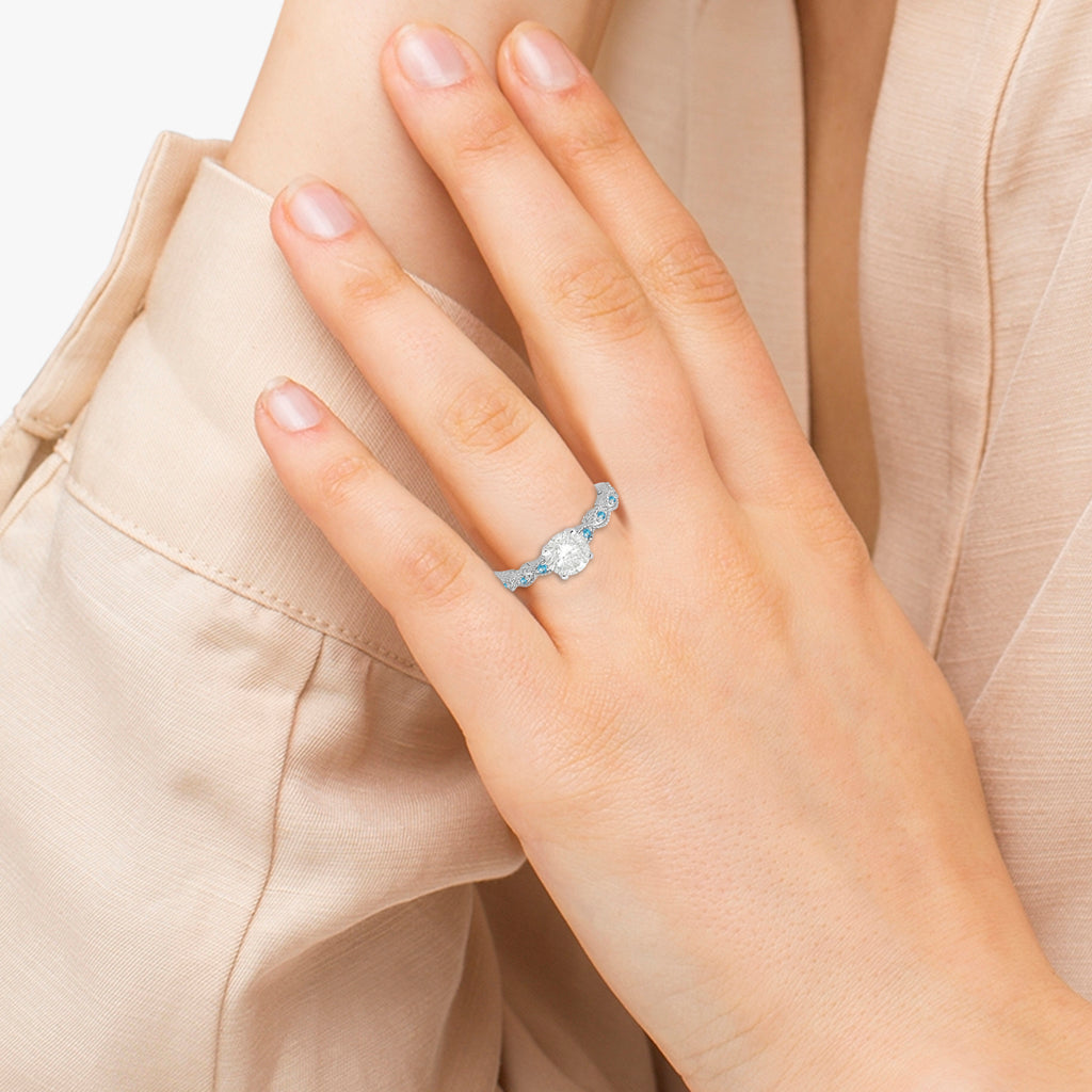 Vintage Lab Diamond & Blue Topaz Engagement Ring 18k White Gold 0.75ct