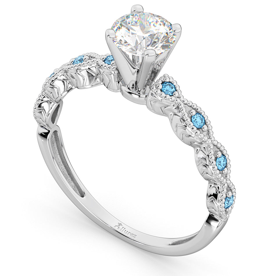 Vintage Lab Diamond & Blue Topaz Engagement Ring 18k White Gold 0.75ct