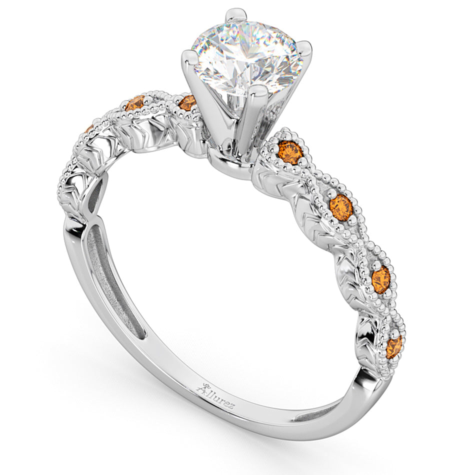 Vintage Diamond & Citrine Engagement Ring 14k White Gold 1.00ct