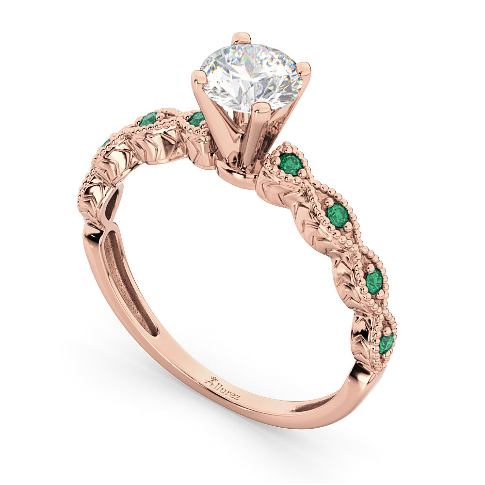 Vintage Lab Diamond & Emerald Engagement Ring 14k Rose Gold 0.75ct