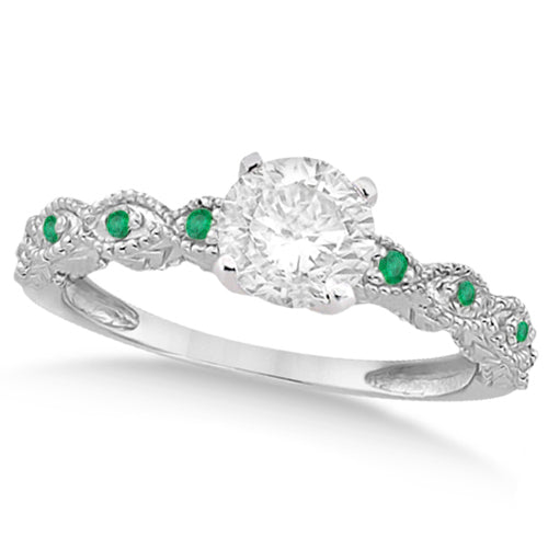 Vintage Lab Diamond & Emerald Engagement Ring Palladium 0.75ct