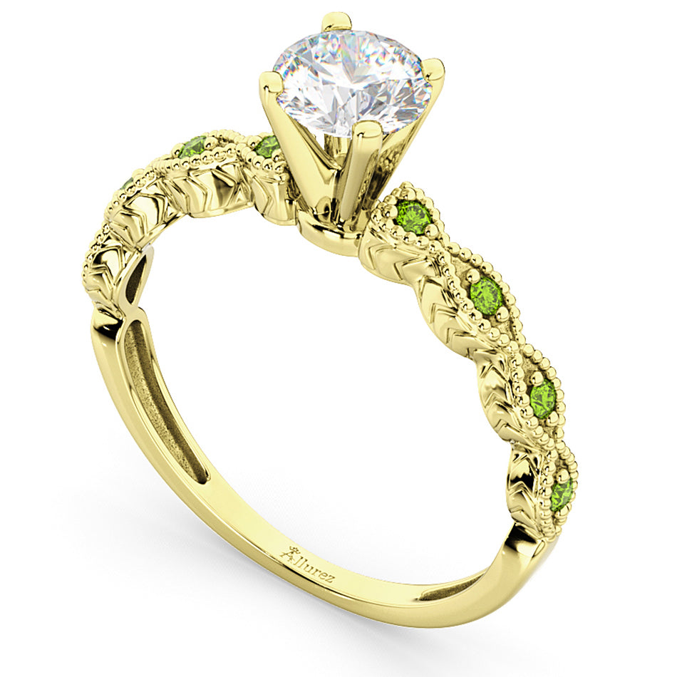 Vintage Diamond & Peridot Engagement Ring 14k Yellow Gold 0.50ct