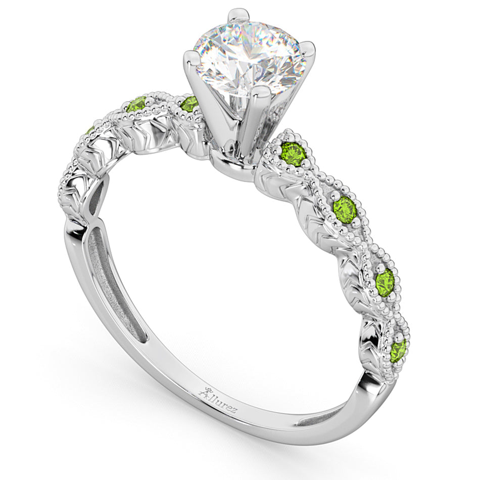 Vintage Diamond & Peridot Engagement Ring 18k White Gold 0.75ct