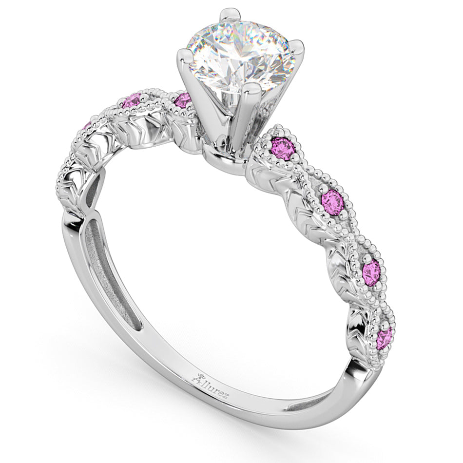 Vintage Diamond & Pink Sapphire Engagement Ring 18k White Gold 0.50ct