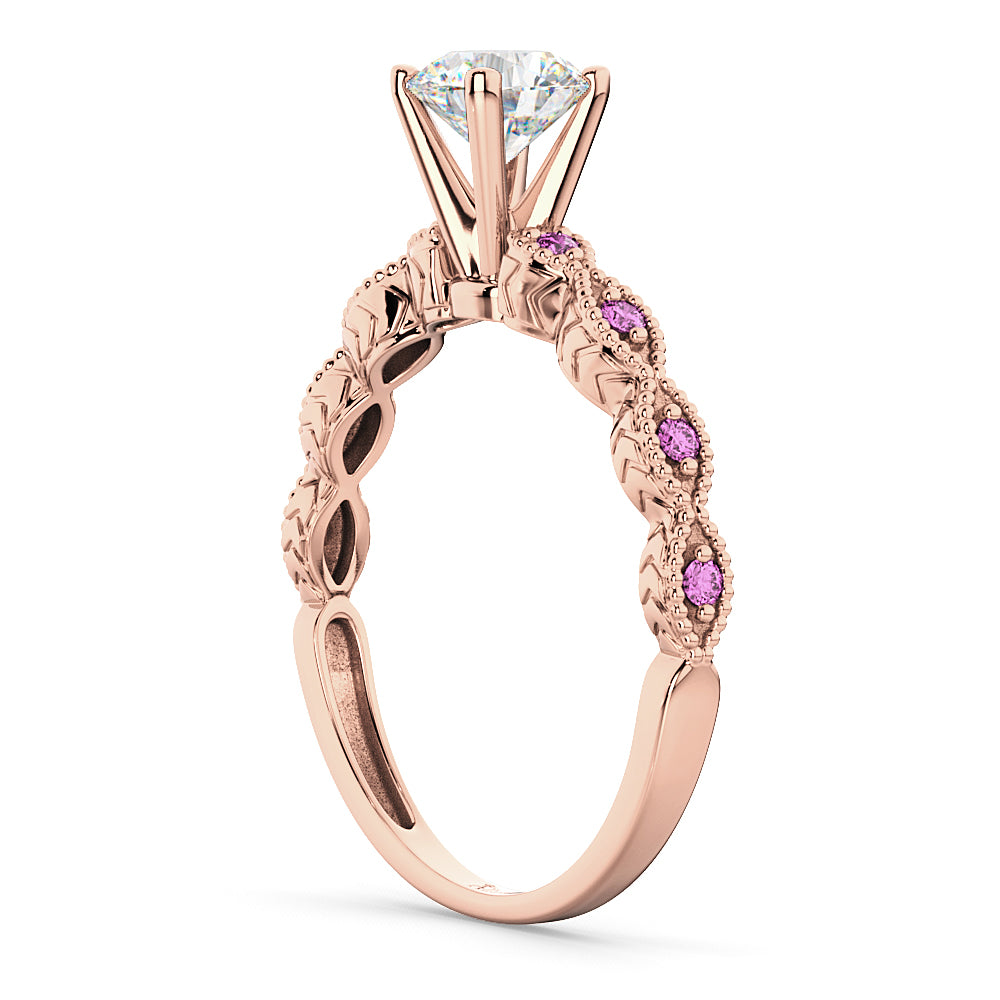 Vintage Lab Diamond & Pink Sapphire Engagement Ring 18k Rose Gold 0.75ct