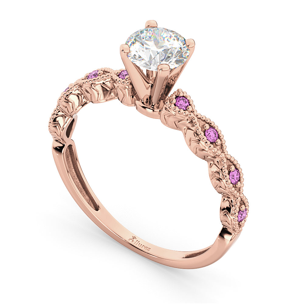 Vintage Lab Diamond & Pink Sapphire Engagement Ring 18k Rose Gold 0.75ct