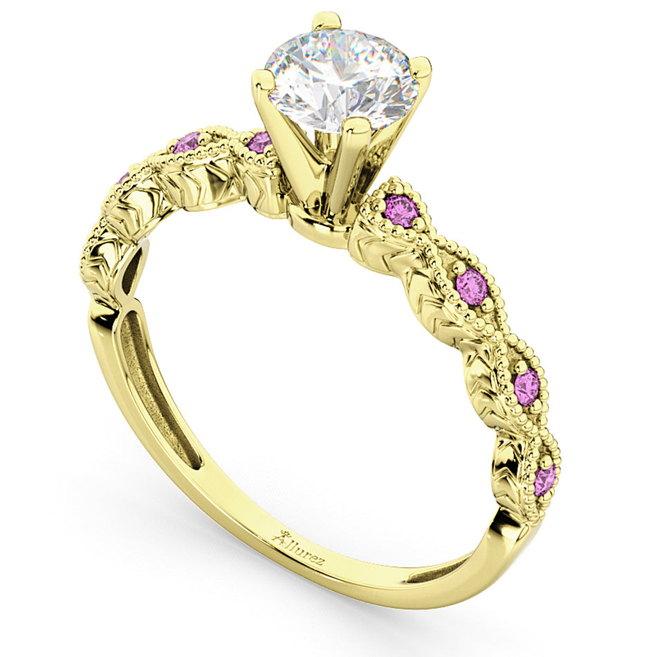 Vintage Lab Diamond & Pink Sapphire Engagement Ring 18k Yellow Gold 0.75ct