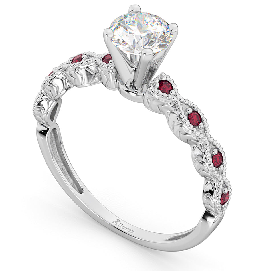 Vintage Lab Diamond & Ruby Engagement Ring 14k White Gold 0.75ct