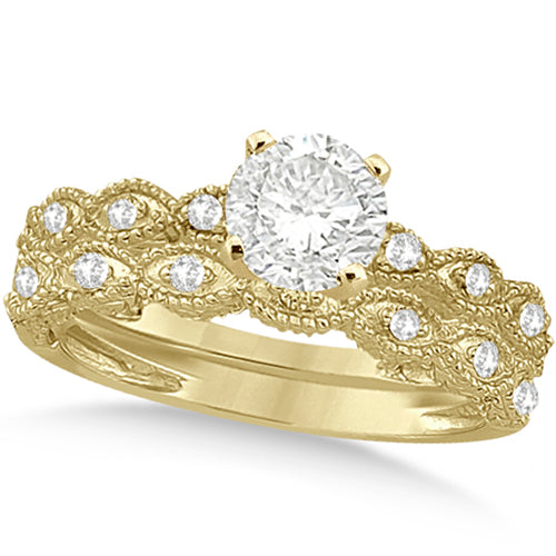 Petite Antique-Design Diamond Bridal Set in 14k Yellow Gold (1.08ct)