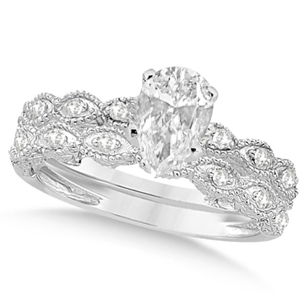 Pear-Cut Antique Style Lab Diamond Bridal Set in 14k White Gold (0.58ct)