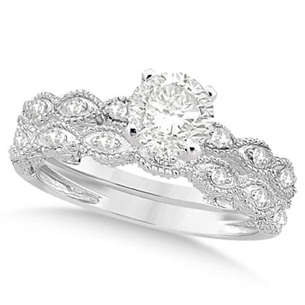 Petite Antique-Design Lab Diamond Bridal Set in 14k White Gold (1.08ct)