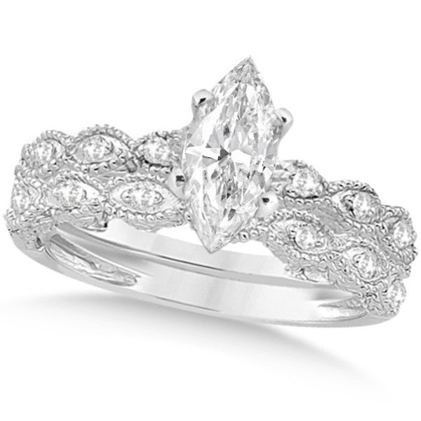Marquise Antique Style Lab Diamond Bridal Set in 14k White Gold (1.58ct)
