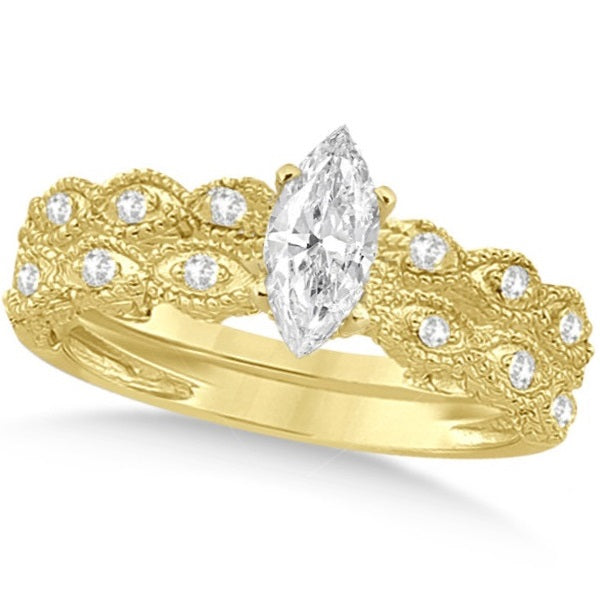 Marquise Antique Style Lab Diamond Bridal Set in 14k Yellow Gold (1.08ct)