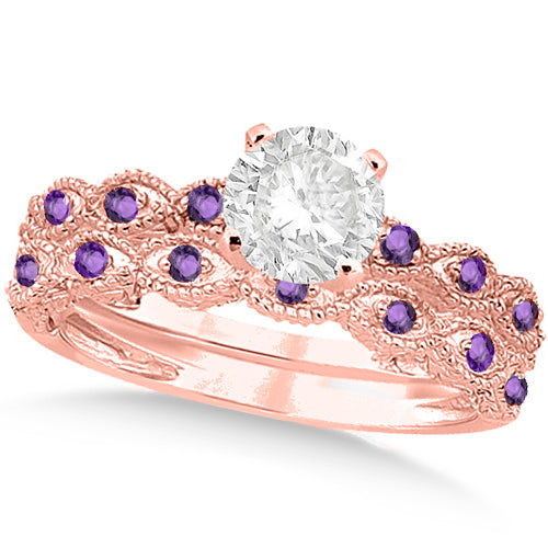 Vintage Lab Diamond & Amethyst Bridal Set 14k Rose Gold 0.95ct