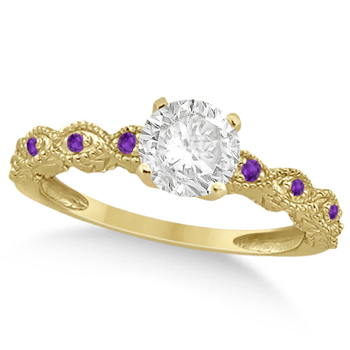 Vintage Lab Diamond & Amethyst Bridal Set 18k Yellow Gold 0.95ct