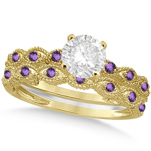 Vintage Lab Diamond & Amethyst Bridal Set 18k Yellow Gold 1.70ct